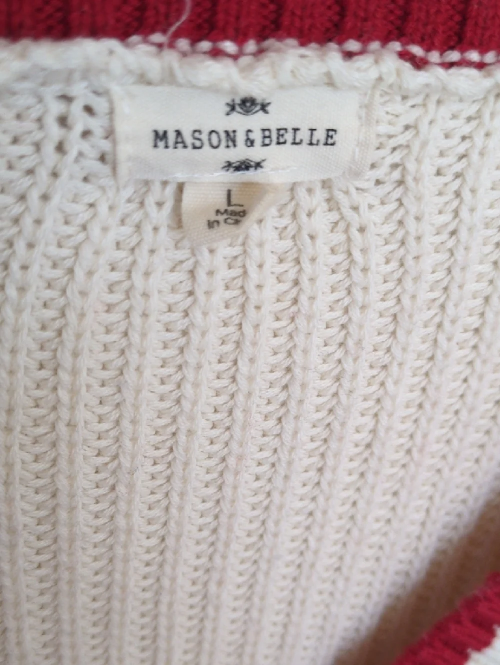 Mason & Belle Cream 100% Cotton Cardigan Sweater - Red & Navy Stripe Trim